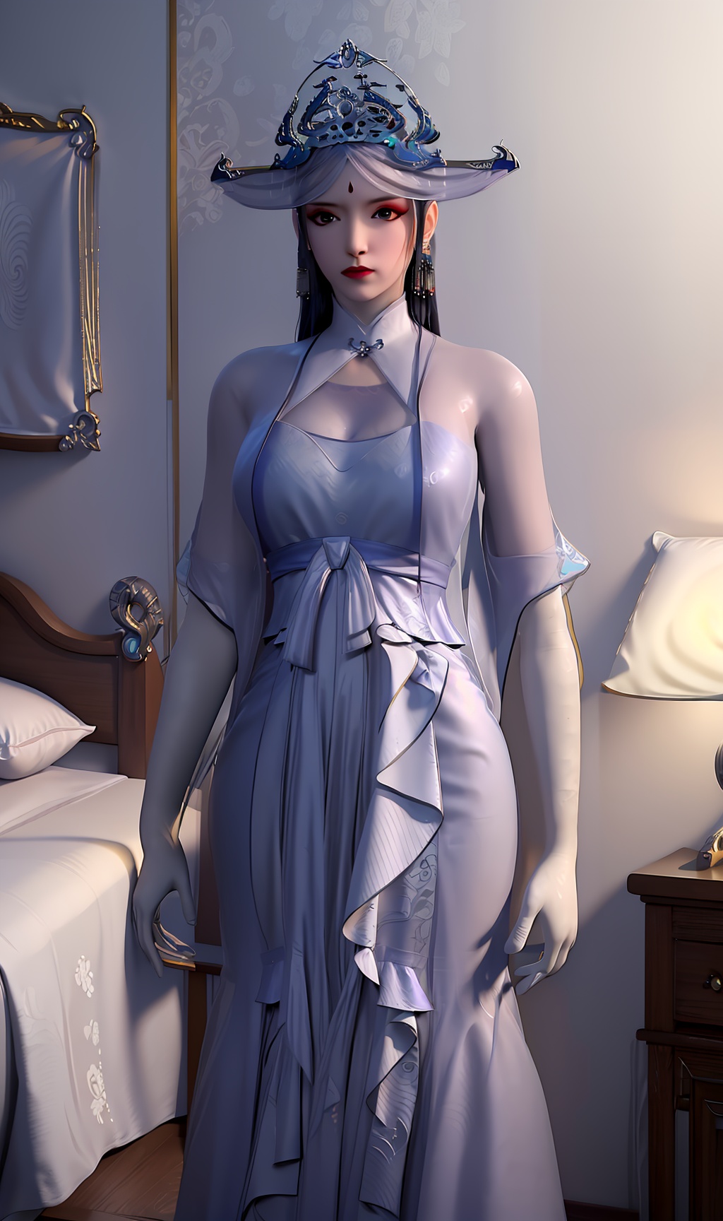 3D,masterpiece,(best quality),(makeup),official art, extremely detailed cg 8k wallpaper,((crystalstexture skin)), (extremely delicate and beautiful),(highly detailed),(face),((tiara)),(collar),hat,(1girl), (solo), (jewelry), (earrings),(black_hair),(long_hair),(hair_ornament),(handwear),(breast),(gloves),((standing)),((upper_body)),(long_dress),(long_skirt),(chinese_clothes),(multicolored_clothes),(multicolored_dress),(closed_mouth),,((looking_at_viewer)),((Facing the camera)),(room,bed), <lora:hipoly3DModelLora_v10:0.3>