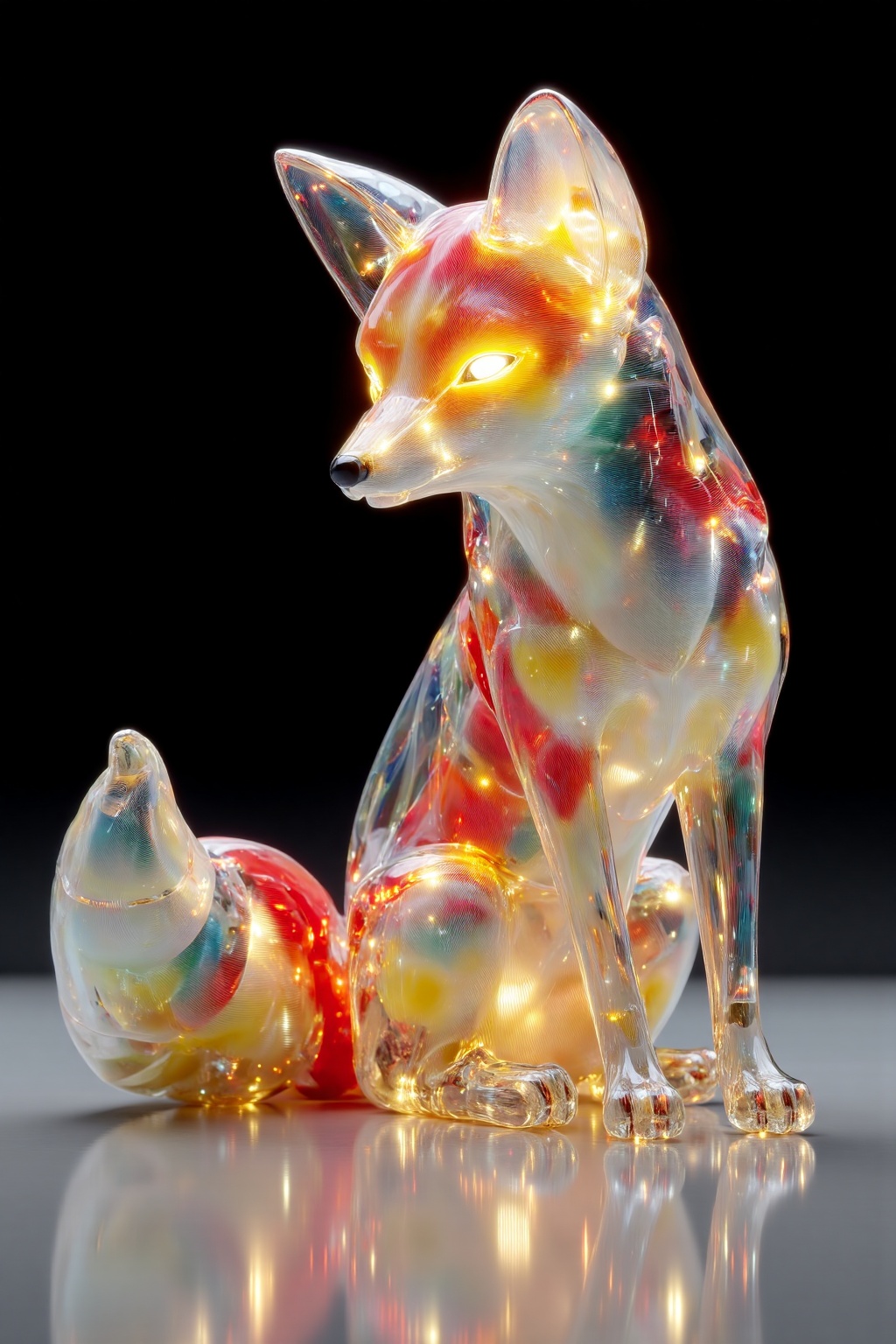 beijihui,a glass sculpture of a fox is positioned on a reflective surface. The fox's head is adorned with a black nose, and its eyes are glowing with a vibrant orange glow. Its body is encased in a transparent transparent material, creating a striking contrast against the black background. The sculpture, adorned with multiple shades of orange, yellow, green, and blue, adds a pop of color to the composition. The surface beneath the sculpture is a reflective reflective surface, adding depth to the image.