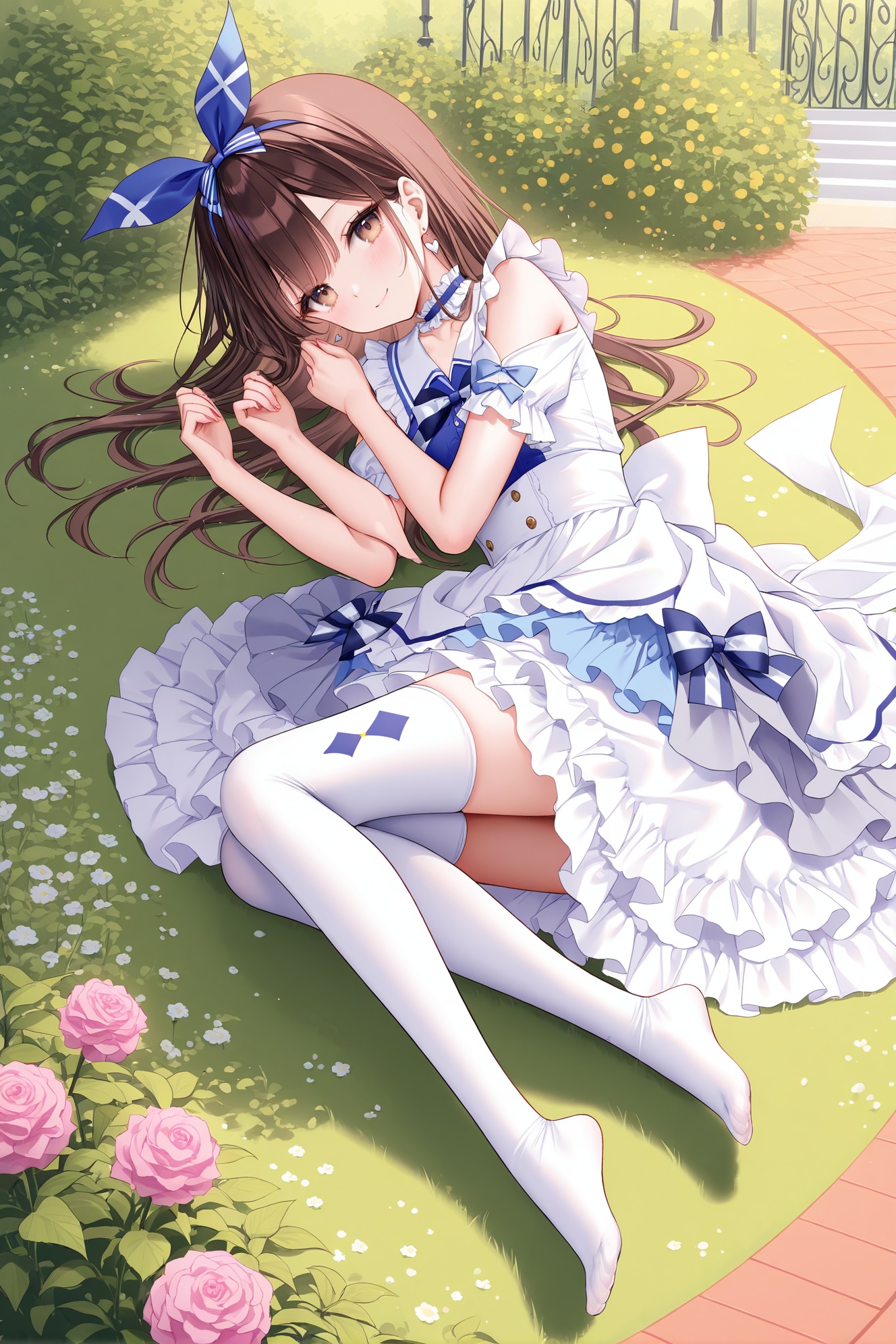 masterpiece, best quality, newest, absurdres, highres,(chen bin: 0.5),(hiten \(hitenkei\):0.4),(rimuu:0.5),(mignon:0.5),(sheya:0.6),frilled dress, aquawonder, two-tone dress, full body, print thighhighs, garden, on side,flat chest,    ensemble style, chihiro(ensemble), brown eyes,brown hair,  hair ribbon,long hair, smile, <lora:aquawonderXLNAI:1>,<lora:chihiroXLNAI:1>