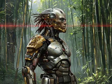 Yurimazum art style.Cyberpunk warrior in dense jungle,  metallic armor with intricate mechanical details. Dark skin tone c...