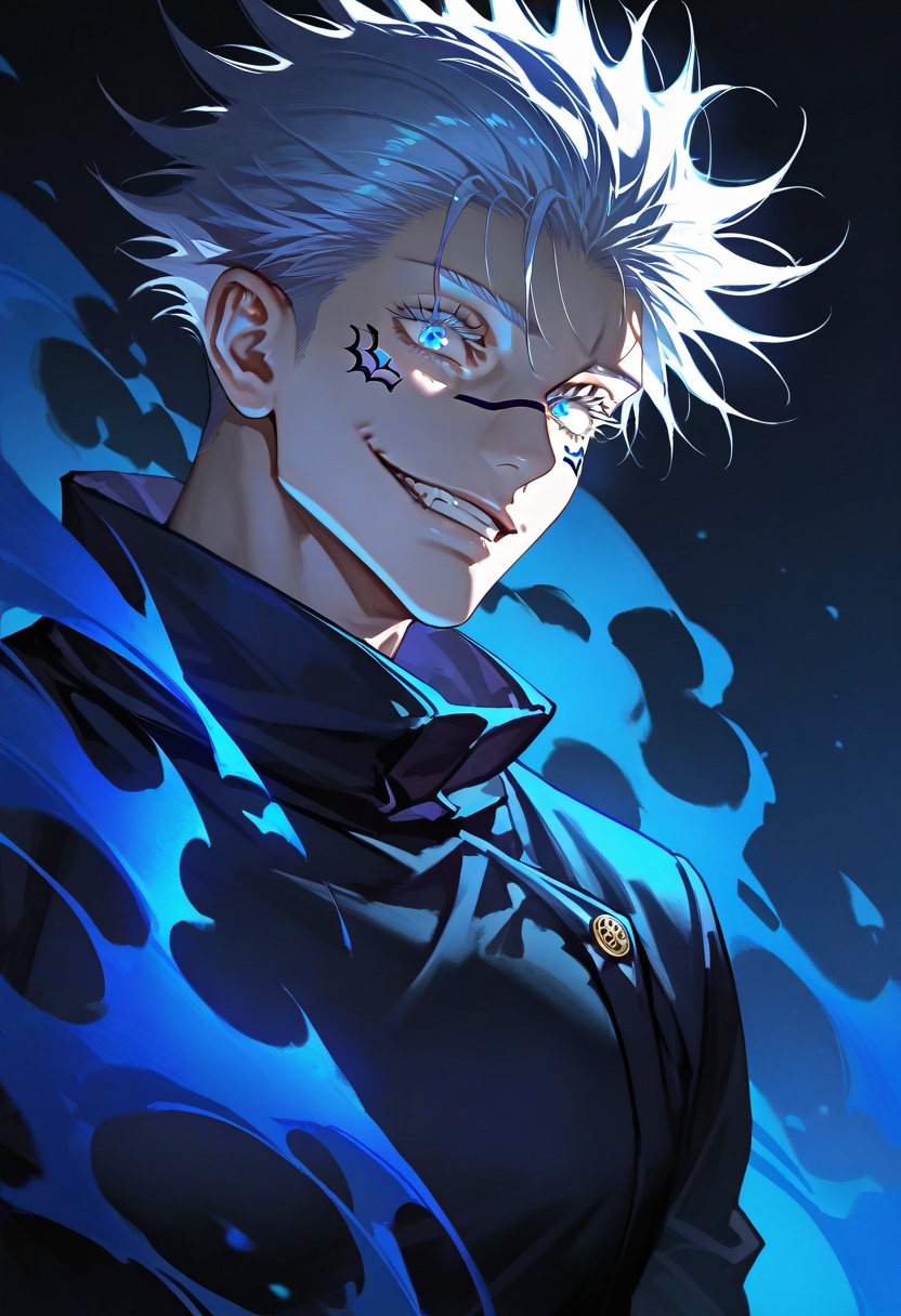masterpiece,best quality,1boy,solo,gojou satoru \(jujutsu kaisen\),evil smile,dark theme,blue theme,upper_body,goldenfieldszho,<lora:sakimenz:0.8>,from_side,