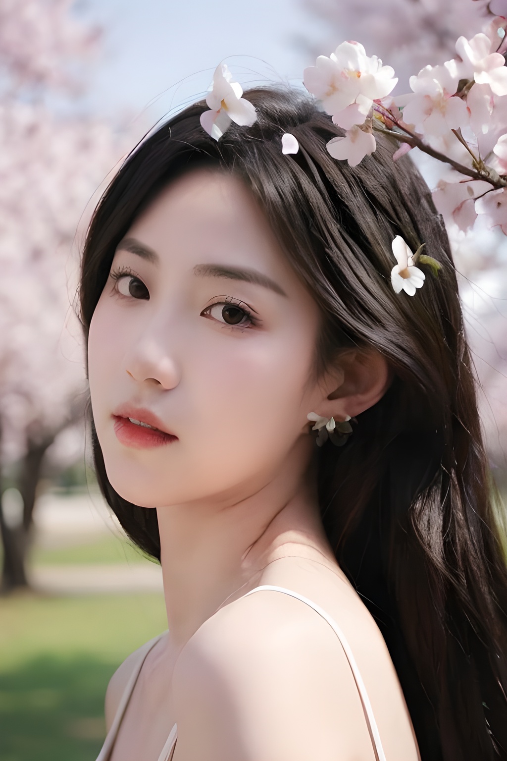 simple background,  a girl with a dreamy expression,  surrounded by floating cherry blossom petals in a soft breeze by 青柠...