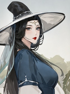 <lora:xl_水墨(kohaku_delta)2-000009:1>,ink wash painting, shuimo style, 1girl, solo, hat, black hair, long hair, upper body, makeup, red lips, looking at viewer, lipstick, veil, from side, grey eyes, breasts, masterpiece, best quality,