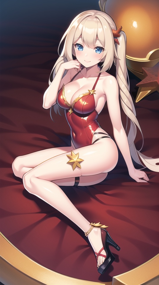 (best quality), ((masterpiece)), (highres), illustration, original, extremely detailed, <lora:yongyi4:0.8>yyds, 1girl, marie antoinette \(fate\), blue eyes, breasts, solo, long hair, twintails, cleavage, red one-piece swimsuit, swimsuit, medium breasts, crab, starfish, looking at viewer, blonde hair, blush, sandals, jewelry, high heels, smile, one-piece swimsuit