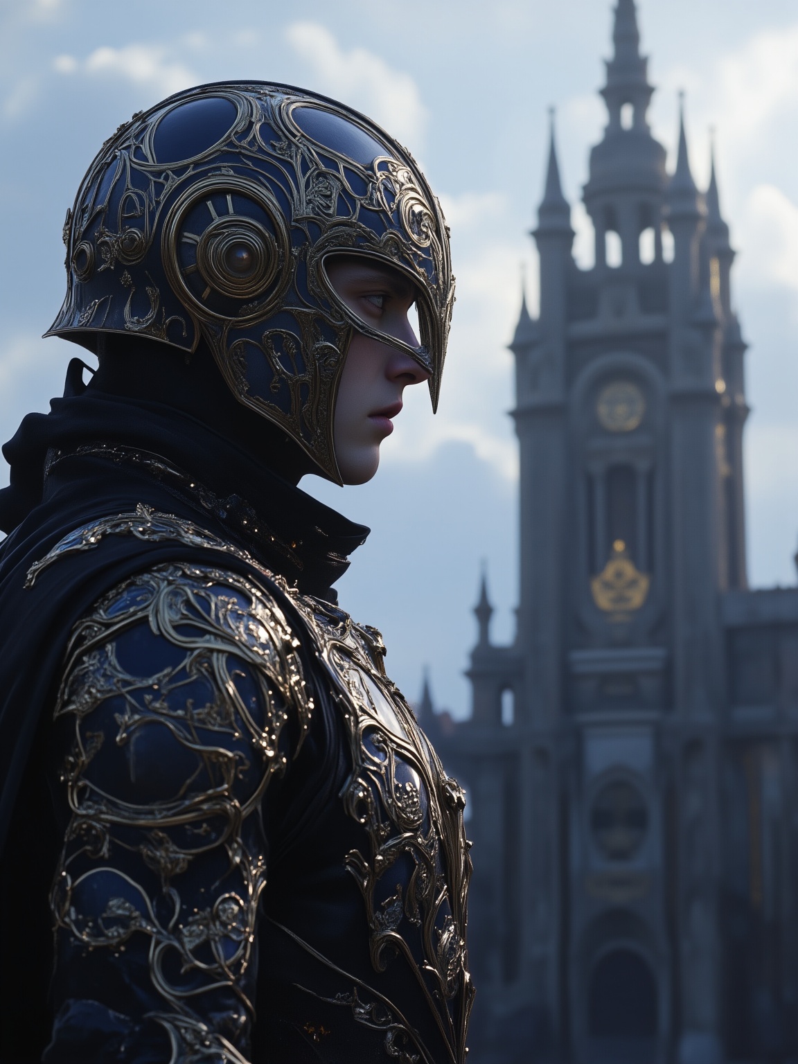 <lora:暗紫012:0.8>,anzi,gothic,exquisite intricate armor,a man in a helmet  looks at a gothic castle in the distance with a sky background,close-up,Cedric Peyravernay,unreal engine 5 quality render,cyberpunk art,retrofuturism,
