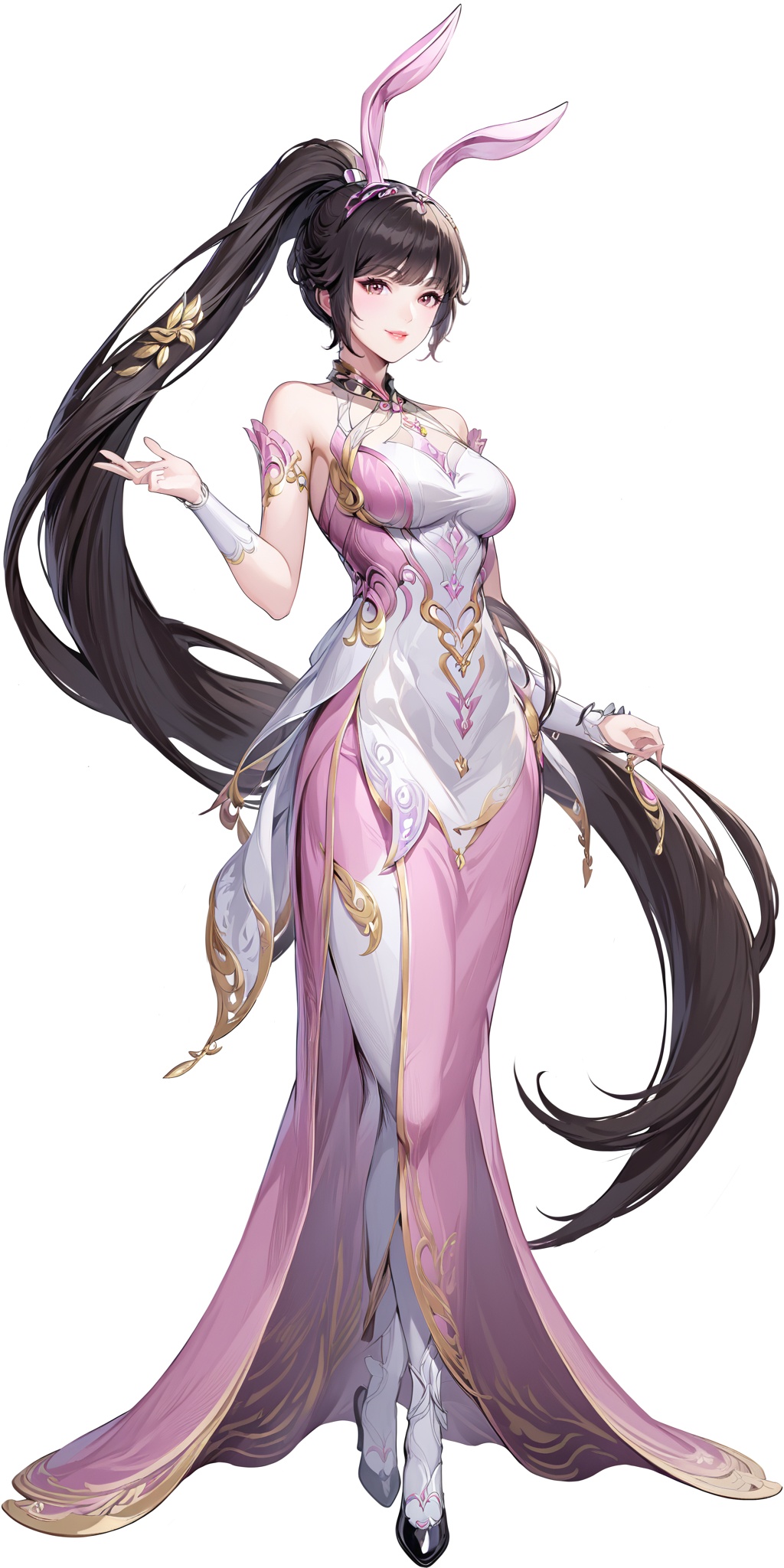 masterpiece,best quality,huge filesize,fantasy,illustration,anime,simple white background,1 woman,(mature_female:1.2),solo,animal ears,dress,rabbit ears,long hair,pink dress,very long hair,full body,brown hair,ponytail,hair ornament,black hair,simple background,collar,smile,<lora:XL小舞成年2.0:0.7>,
