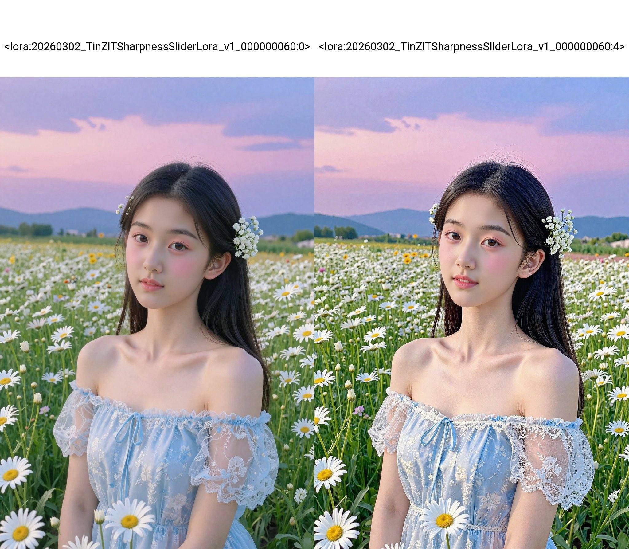 <lora:20260302_TinZITSharpnessSliderLora_v1_000000060:0>, This is a high-resolution photograph capturing a young Asian woman in a serene, sunlit field of blooming daisies. The woman, likely in her early twenties, has long, straight black hair adorned with delicate, white baby's breath flowers. Her skin is smooth and fair, with a natural, radiant complexion. She is dressed in a light, off-shoulder, light blue dress with sheer, lace-like sleeves and a subtle floral pattern, which complements the surrounding flowers. Her makeup is minimal but accentuates her eyes with a soft, pink blush and subtle eyeliner, giving her a fresh, natural look. The background features a vast expanse of daisies in various stages of bloom, with some flowers fully open and others still in bud, creating a lush, vibrant field. The sky is a beautiful gradient of soft pinks and purples, transitioning into a deeper blue as it reaches the horizon, suggesting either dawn or dusk. In the distance, rolling hills or mountains are faintly visible, adding depth to the scene. The overall mood is peaceful and ethereal, with the woman appearing almost like a serene spirit among the flowers.