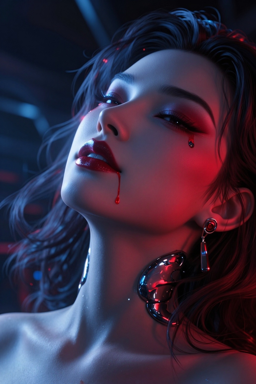 YY Anime style,CG,Photorealistic close-up in Argento's signature style — vivid reds contrasted against deep blues and blacks. A biomechanical Giger Diva in a state of blissful euphoria after drinking blood. Her lips are stained deep red, a trickle runs down her chin, but her expression is ecstatic, dreamy — eyes half-closed, gentle smile, as if drunk on love, not violence. Emergency red and blue light illuminates her face. Biomechanical implants on her temples and neck softly highlighted. Background dark, with faint industrial shapes. 8k, shot on Leica, surreal, passionate, terrifying beauty.