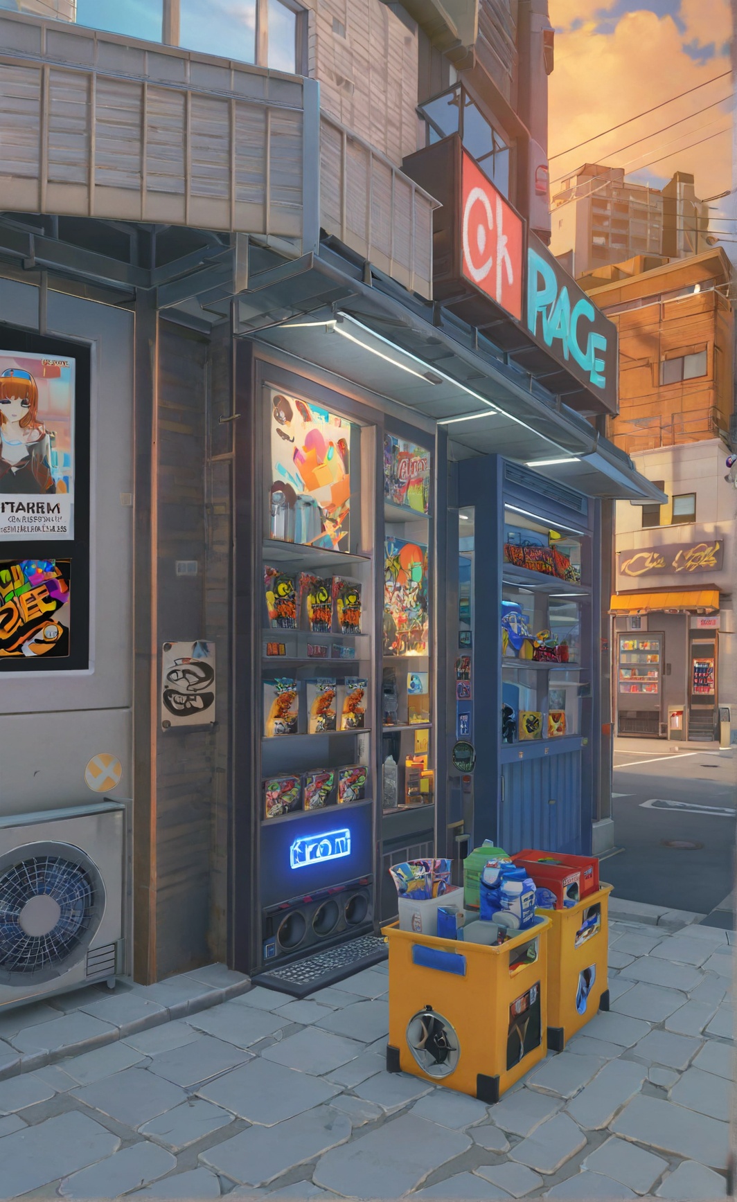 8k, best quality, masterpiece, (ultra-detailed), <lora:zzzstyle-artiwaifu-Tanger-000011:0.7>, zzz style, sky, poster (object), no humans, outdoors, trash can, fence, scenery, vending machine, cloud, sign, shop, can, graffiti, building