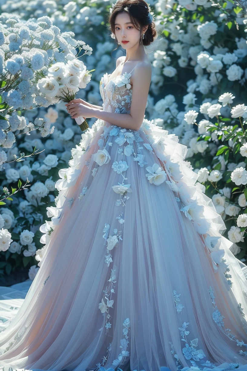 (best quality, masterpiece:1.3),1girl,dress,solo,flower,white flower,breasts,earrings,black hair,cleavage, (looking_at_viewer:1.4),(eye-contact:1.4), jewelry: spring_flower, (blue wedding dress:1.4), Tindal Light, <lora:YG花海:0.7>,