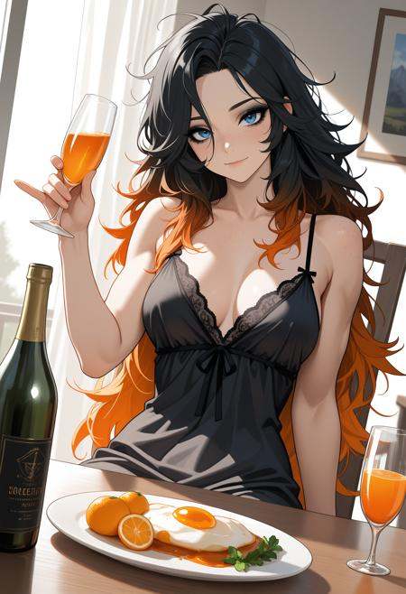masterpiece, best quality, absurdres, highres,fantasy, morning, indoors, breakfast, chair, table, champagne bottle, window, curtains,1girl, toned, black hair, gradient hair, orange hair, very long hair, messy hair, blue eyes, freckles, black eyeliner, eyeshadow, thick eyelashes, mascara,black nightgown,sitting, on chair, hand up, holding drink, orange juice, toasting \(gesture\),light smile, looking at viewer,dutch angle,