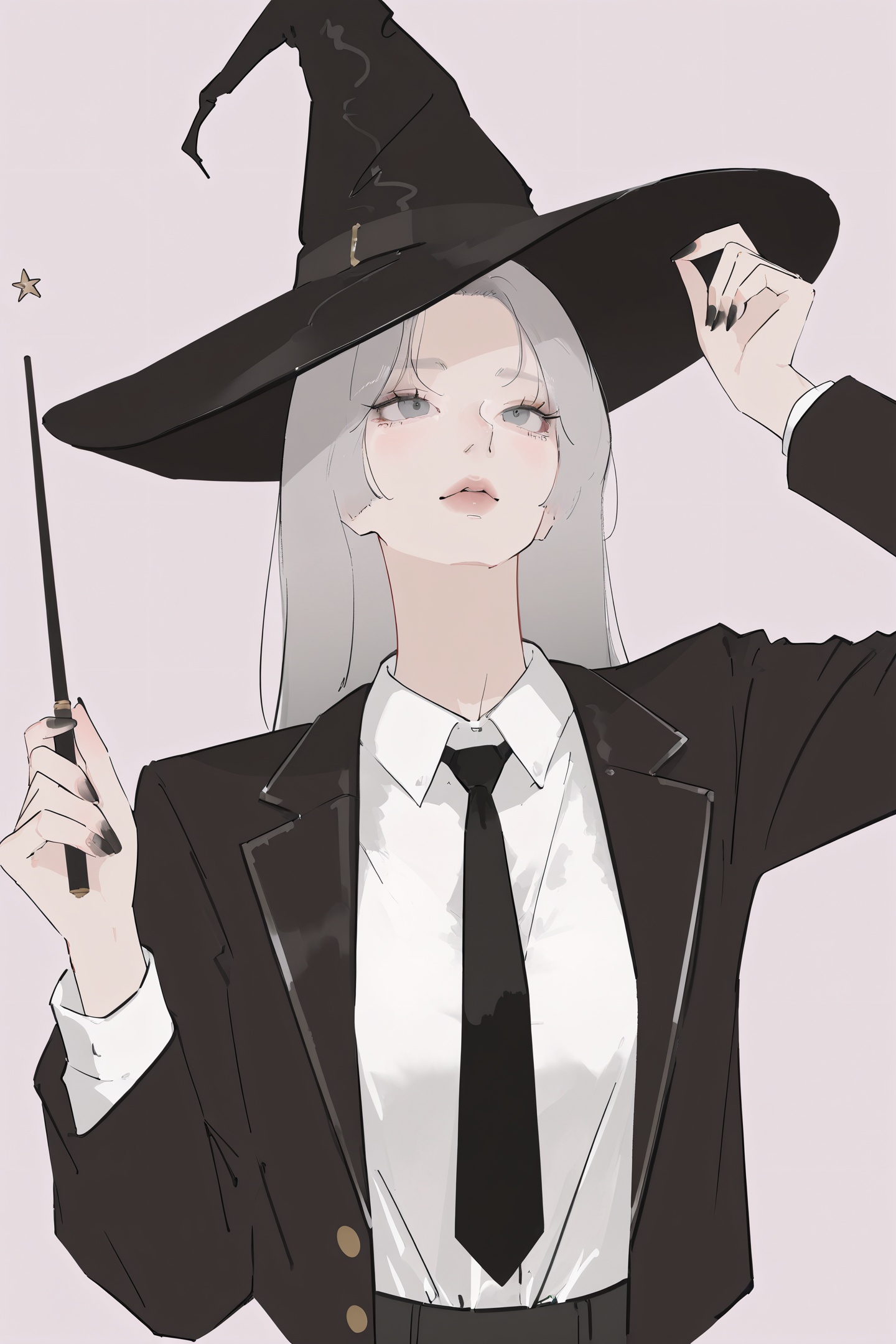 Chikitama Style,1girl,hat,solo,necktie,witch hat,shirt,long hair,holding,wand,white shirt,black necktie,grey hair,collared shirt,holding wand,black nails,witch,black jacket,grey eyes,looking up,jacket,fingernails,upper body,long sleeves,shirt tucked in,black headwear,sketch,<lora:Chikitama_illustriousXL:1>,