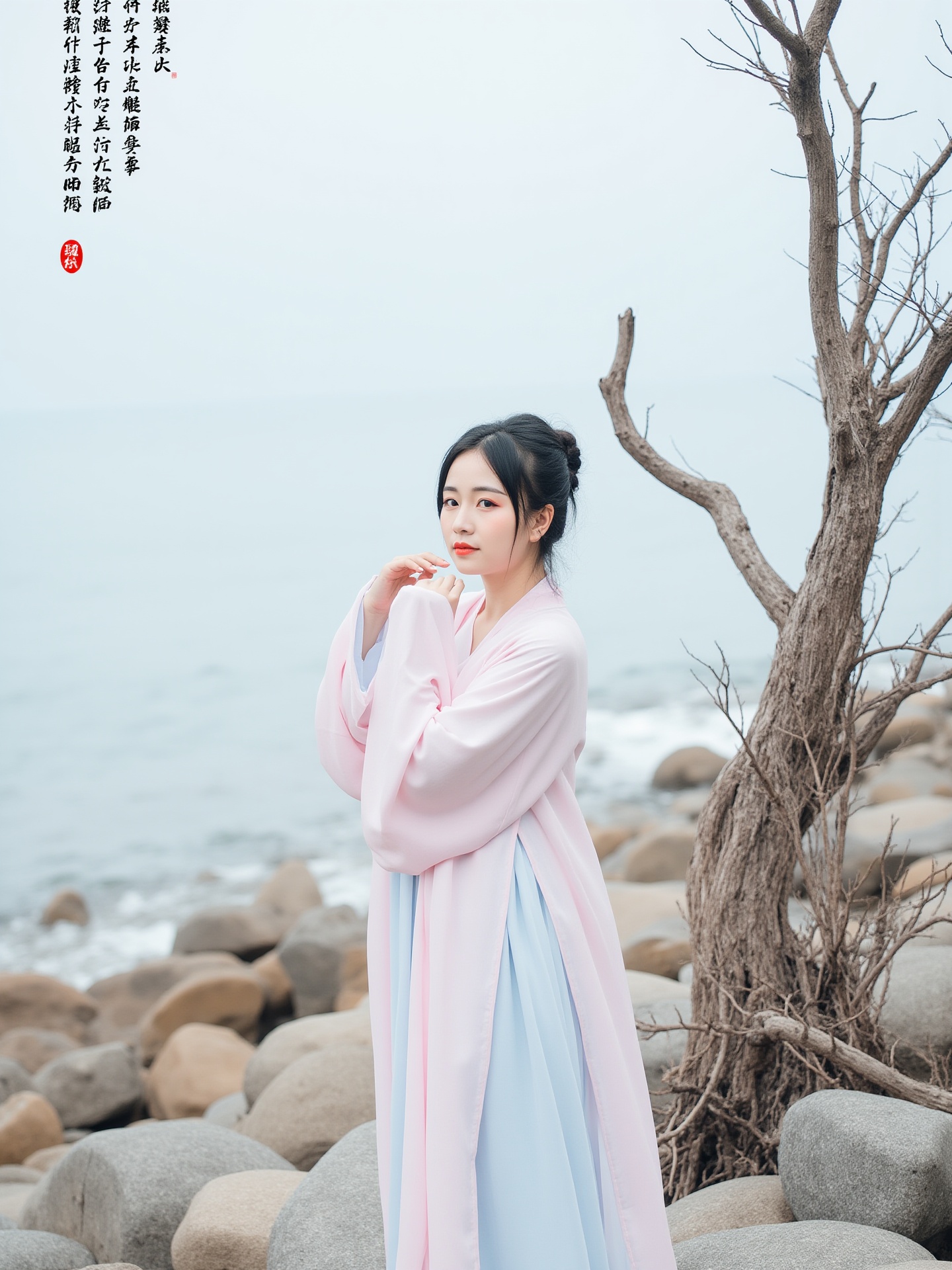 The image is a high-resolution photograph featuring a young woman standing on a rocky beach. She has an East Asian appearance with a fair complexion and dark hair styled in a neat bun. She wears a traditional Chinese qipao, a one-piece dress with long sleeves, in a pale pink color that flows elegantly around her body. The fabric is sheer, allowing a glimpse of a light blue inner garment beneath. Her expression is serene and contemplative, with her hands gently touching her face.The background consists of a serene, misty seascape with gentle waves and a faint horizon. To her right, a gnarled tree trunk stands out, its branches bare and twisted, adding a touch of natural beauty to the scene. The rocks around her are various shades of grey and beige, creating a rugged texture that contrasts with the softness of her attire.On the left side of the image, there is Chinese text in black and red calligraphy, possibly traditional poetry or a quote, adding an artistic and cultural element to the composition. The overall mood is tranquil and poetic, emphasizing the harmonious blend of nature and human presence.
