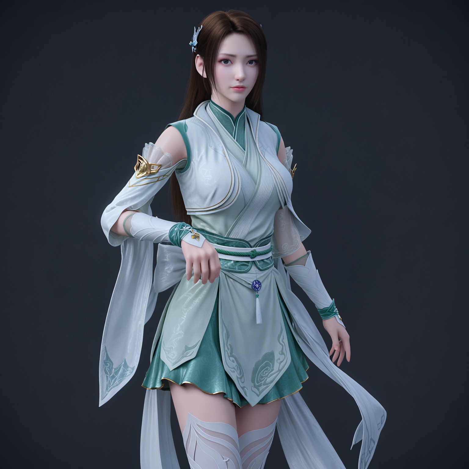 <lora:YQponynalanyanran_zhongzhouV2:0.8>,q1528437228,solo,1girl,long_hair,hair_ornament,dress,brown_hair,black_hair,white_dress,thighhighs,realistic,chinese_clothes,sash,detached_sleeves,green_dress,skirt,boots,thigh_boots,white_thighhighs,blue_eyes,blue_dress,high_heels,zettai_ryouiki,brown_eyes,feet,BREAK score_9,upper_body,portrait,shiny_skin,looking at viewer,cinematic lighting,volumetric lighting,solo focus,(huge breasts:0.9),(simple background,pure black background,black background:1.1),