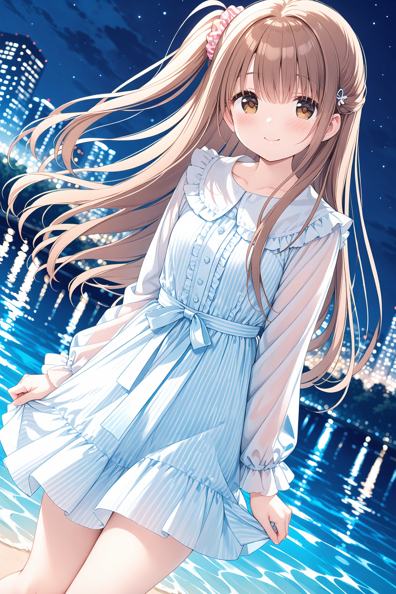 masterpiece,best quality,1girl, solo, long hair, brown hair, smile, looking at viewer, one side up, dutch angle, blush, night, hair ornament, outdoors, dress, water, skirt, brown eyes, blurry, frills, closed mouth, long sleeves, shirt, scrunchie