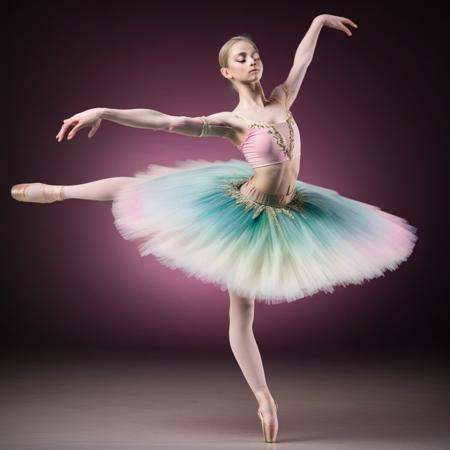 Full body studio portrait of a blonde ballerina wearing the Bal_co,  ballet pose,  fifth position on Tensor.Art
