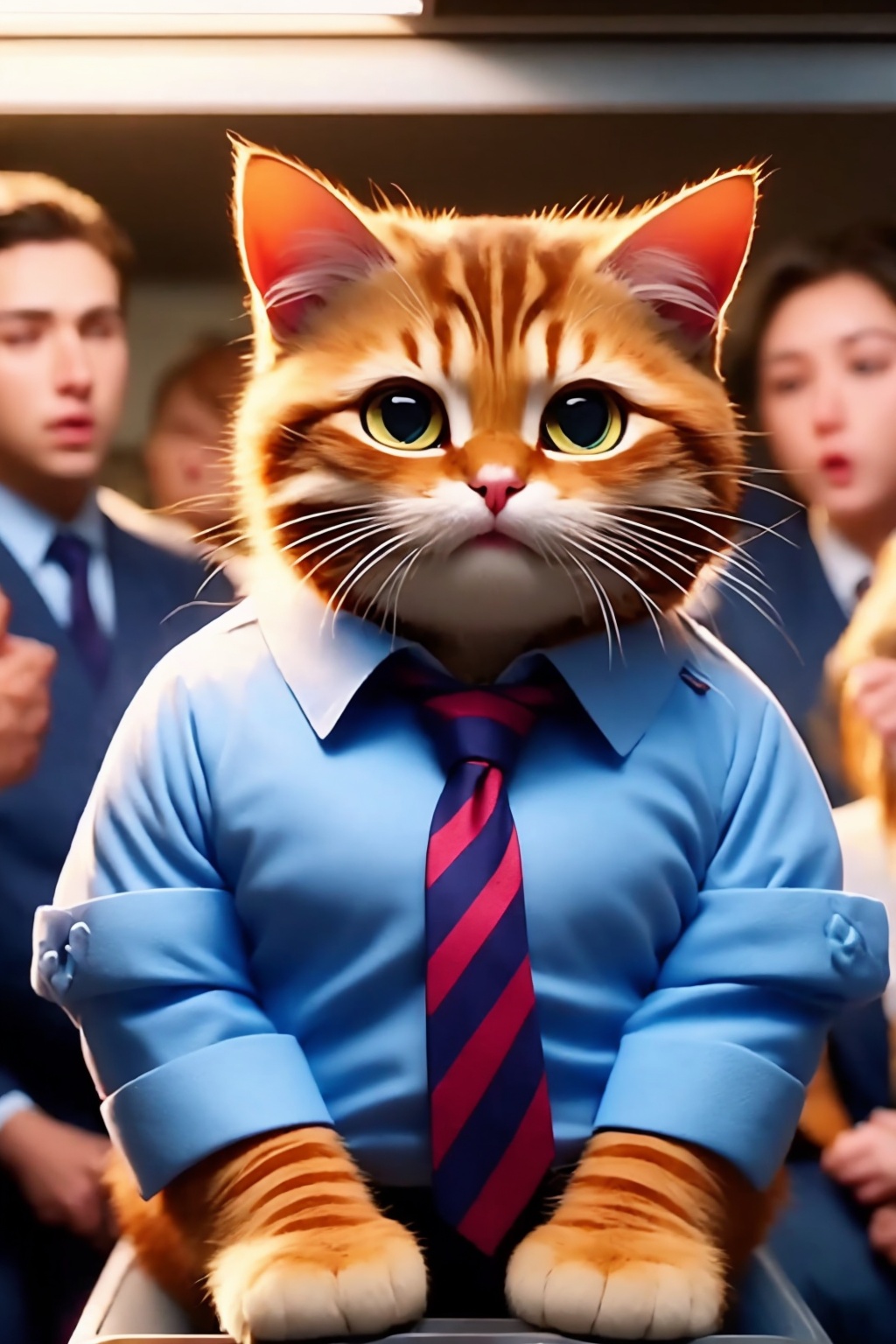necktie, shirt, animal, white shirt, cat, multiple girls, whiskers, sleeves rolled up, train interior, sitting, phone, striped necktie, blurry, collared shirt, animal focus, multiple boys,<lora:Again_Cat_Lora:1>