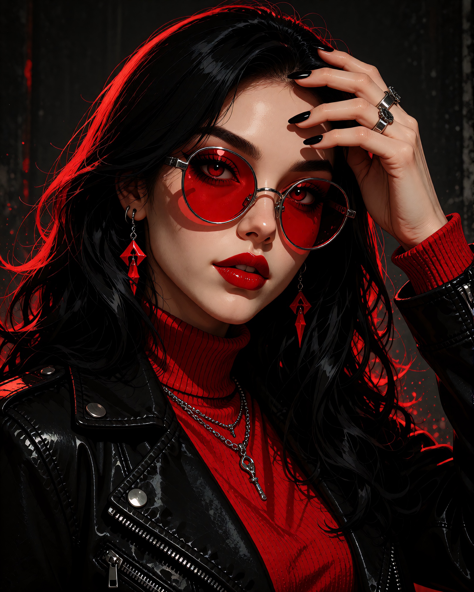 A highly detailed digital illustration of a woman with long,  wavy black hair,  striking red eyes on Tensor.Art