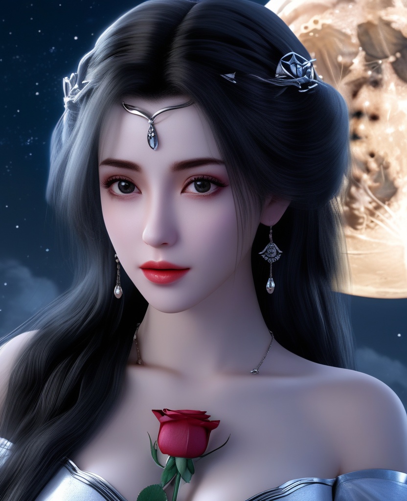 <lora:604-DA-XL-星辰变-姜立V2-新衣:0.8>(,1girl, ,best quality, ),looking at viewer,masterpiece, (( , )),, realistic,science fiction,mole, ultra realistic 8k cg, moonlight,full moon,  rose,(cleavage), (),