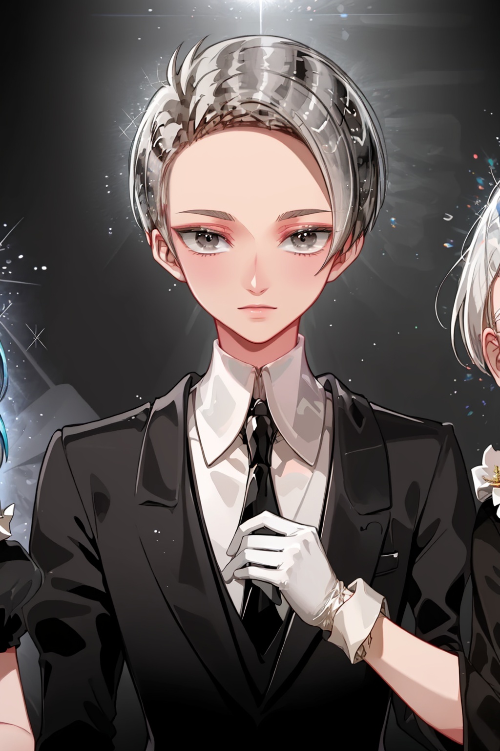 masterpiece,best quality, highly detailed, cairngorm (houseki no kuni),1other, androgynous, solo, looking at viewer, gem uniform (houseki no kuni), sparkle, necktie, white gloves,<lora:cairngorm_(houseki_no_kuni):1>