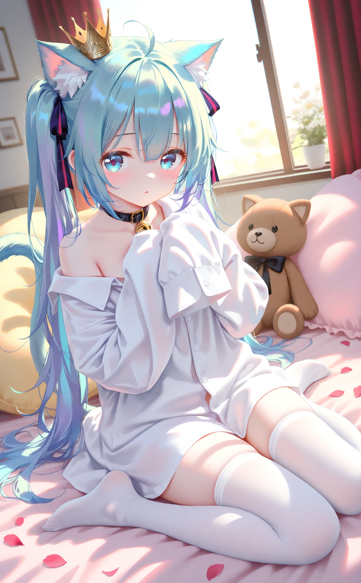 masterpiece,very aware,highres,absurdres,newest,best quality,petite,high quality,chromatic_aberration,cinematic_angle,dutch angle,loli,//,artist:torino aqua,artist:rhasta,artist:wlop,artist:ke-ta,artist:hiten \(hitenkei\),//,best,1girl,animal ears,sleeves past wrists,cat ears,tail,cat tail,thighhighs,stuffed toy,white thighhighs,blue eyes,shirt,long hair,sleeves past fingers,twintails,white shirt,looking at viewer,solo,animal ear fluff,long sleeves,cat girl,sitting,character doll,blue hair,stuffed animal,blush,off shoulder,wariza,collar,very long hair,stuffed cat,ahoge,no shoes,dress shirt,hands up,crown,indoors,bare shoulders,mini crown,parted lips,black collar,pillow,closed mouth,curtains,collared shirt,teddy bear,ribbon,no pants,oversized clothes,window,belt collar,hair between eyes,oversized shirt,virtual youtuber,hatsune miku,sidelocks,tail raised,full body,naked shirt,purple eyes,cat,purple ribbon,animal collar,backlighting,aqua eyes,:o,black choker,purple hair,tilted headwear,extra ears,petals