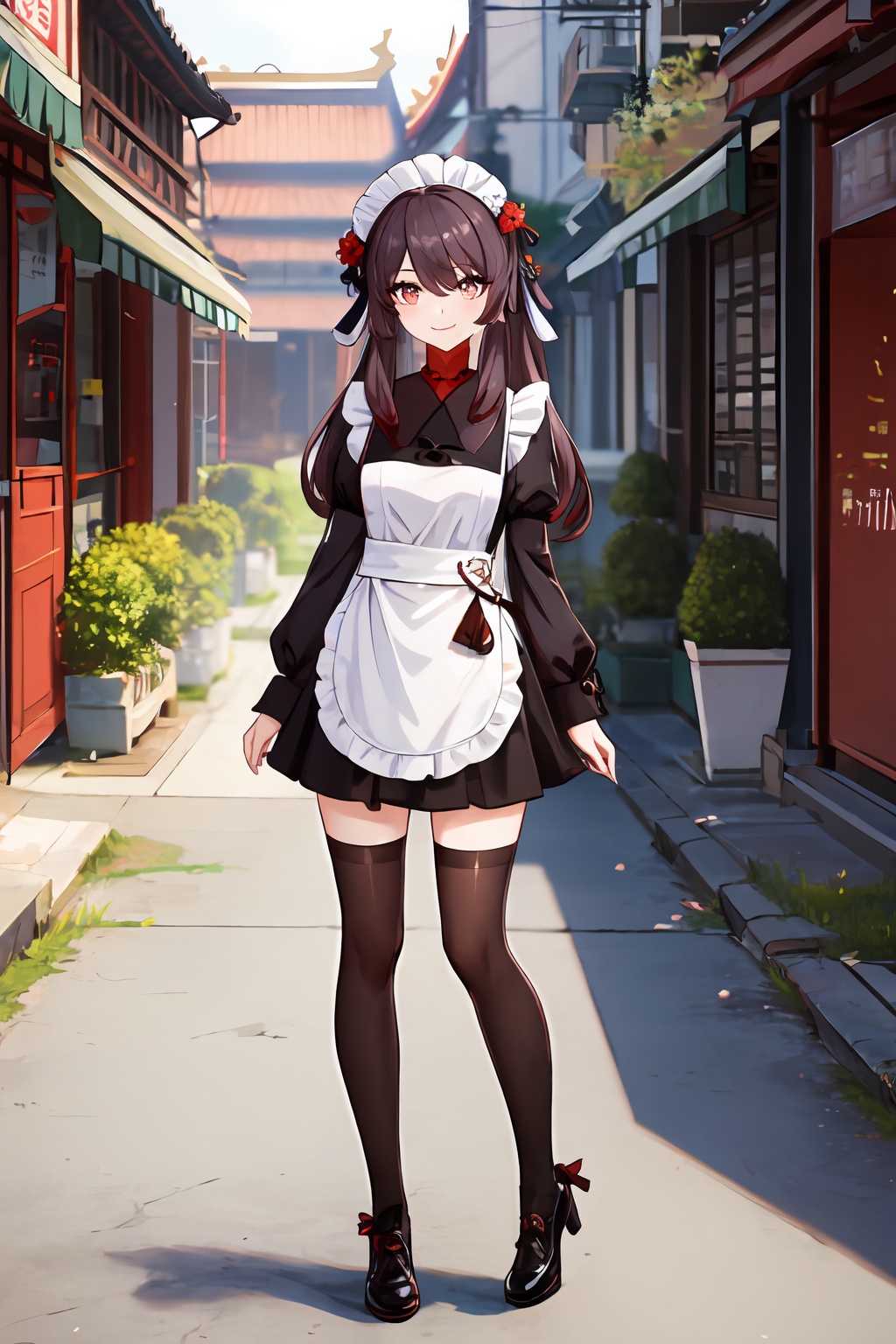 masterpiece,best quality,hu tao,1girl,solo,maid,looking at viewer,full body,plum-shaped pupils,standing,smile,<lora:hutao-000009:0.6>,cafe,street,cityscape,east asian architecture,
