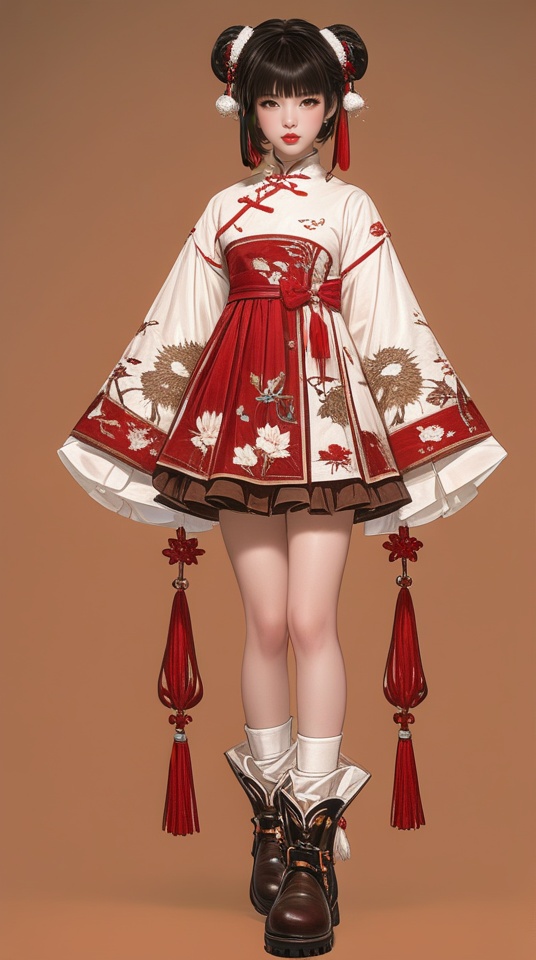 (best quality), ((masterpiece)), (highres), illustration, original, extremely detailed,   <lora:武侠与剑仙:0.7>1girl, solo, double bun, hair bun, full body, standing, looking at viewer, boots, simple background, sleeves past fingers, bangs, sleeves past wrists, black hair, dress, brown background, long sleeves, lips, tassel, thigh strap, brown footwear, ribbon, short hair, chinese clothes, black footwear, brown eyes