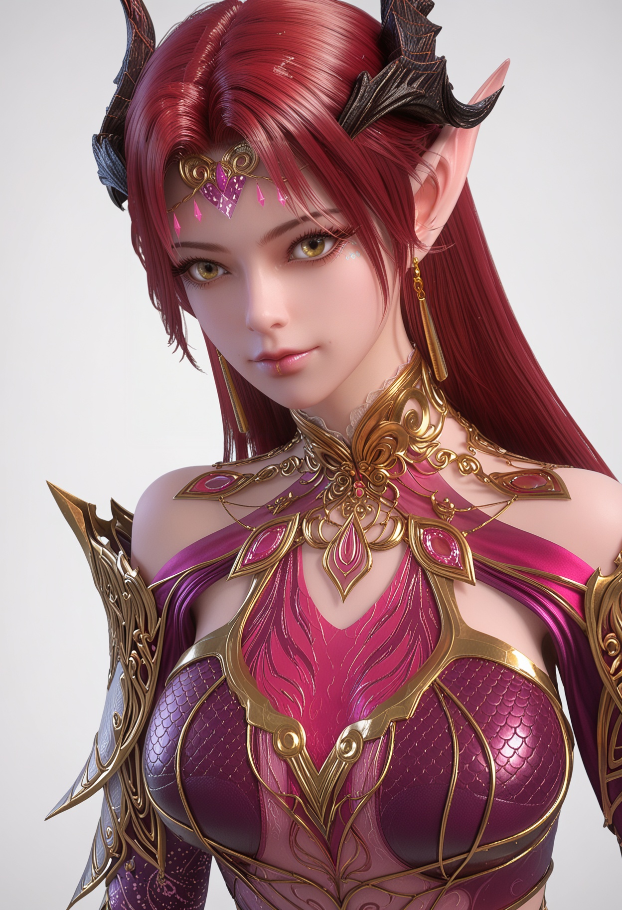 score_9,high detail,best quality,shiny skin,shiny,yaoyexun,1girl,solo,yellow eyes,red hair,long hair,jewelry,white background,pointy ears,horns,earrings,simple background,bare shoulders,breasts,dress,lips,closed mouth,armor,barefoot,realistic,looking at viewer,upper body,<lora:QQSponyyaoyexunV1:0.8>,<lora:Pony_DetailV2.0:0.8>,<lora:皮肤凹痕:0.1>,