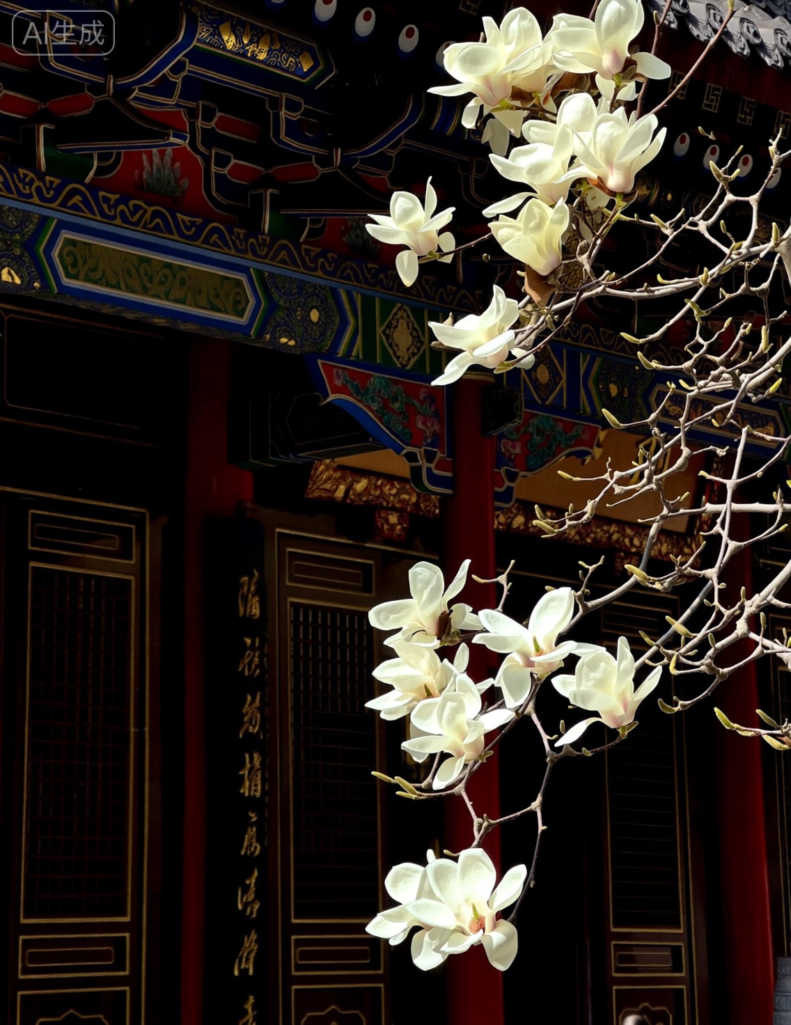 这张照片捕捉了一枝盛开的白色玉兰花的特写，背景是一座传统的中国寺庙。玉兰花有着大而光滑的花瓣和突出的黄色雄蕊，在前景中稍微偏右的位置显著展示。树枝细长且呈深棕色，在花朵中可以看到一些未开放的小花蕾。, , 在背景中，可以清楚地看到寺庙的建筑，其特点是深红色的柱子和装饰精美的屋檐。屋檐上装饰着蓝、红、金三色的华丽图案，增添了丰富的文化气息。寺庙的木门也清晰可见，门上有垂直的板条和金色镶边。其中一扇门上用金色刻有汉字，进一步增强了场景的文化真实性。, , 照片中的光线柔和，突出了玉兰花的白色花瓣，同时在寺庙的外墙上投下了柔和的阴影。整个构图平衡了花朵的自然美与寺庙的精细工艺，创造出一种和谐宁静的视觉体验。照片充满了质感和色彩，重点展现了中国传统元素。, Negative prompt: ng_deepnegative_v1_75t,(badhandv4:1.2),EasyNegative,(worst quality:2),,nsfw, Steps: 30, Sampler: Euler, CFG scale: 7.0, Seed: 1387022945, Size: 1140x1472, Model hash: 98763a1277, Model: Qwen-Image_1.0.safetensors, Denoising strength: 0, RNG: CPU, Lora 1: Qwen - 氛围感写实风景, Lora Hash 1: 990d3dae6f, Lora Weight 1: 0.8, vae_name: automatic
