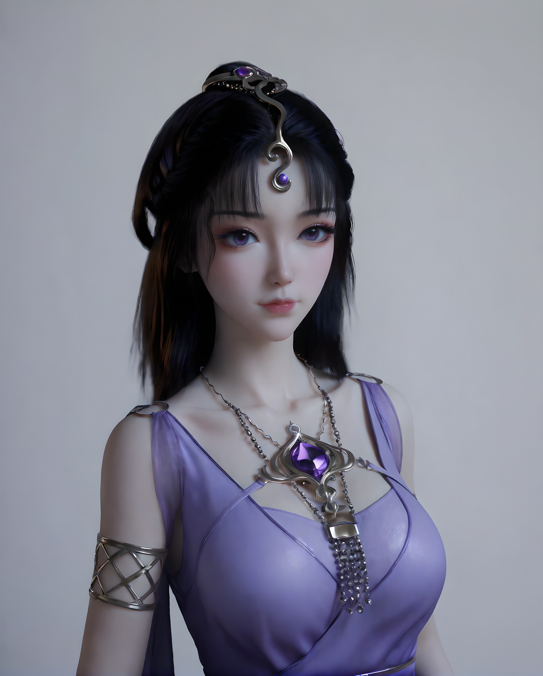 <lora:SF_WenSiYue_Pony_Realism-000002:0.7>,1girl,solo,purple dress,large breasts,forehead jewel,eyelashes,makeup,long hair,hair ornament,standing,looking at viewer,black hair,white background,