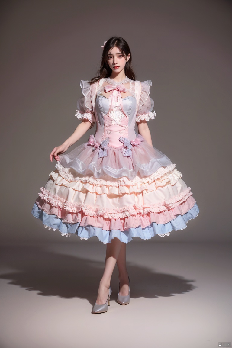((4k,masterpiece,best quality)), professional camera, 8k photos, wallpaper,1girl, solo, dress, bow, standing, full body, frills, pink dress,background, dress, bow, heart, frills, english text, no humans, bell, frilled dress, pink bow, pink dress, lolita fashion, Simple background, solid gray background<lora:EMS-225523-EMS:0.200000>