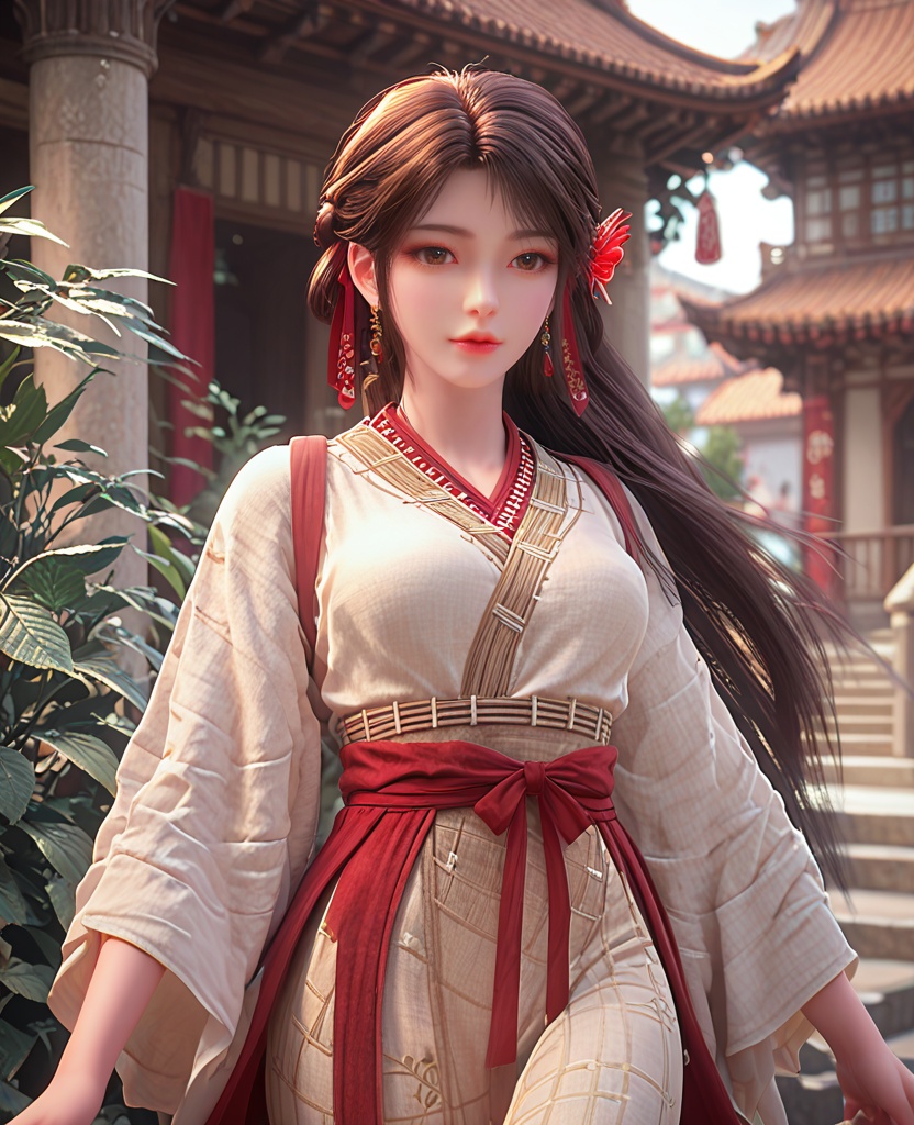 (oriental architecture, elegant decor, sophisticated style:1.1),walking,(breasts:1.2),<lora:XL完美世界火灵儿火桑女>,miss huosangnv,solo,cambric dress,brown sash,red fart curtain,red straps,brown eyes,black hair,long hair,hair flower,earrings,earlock,lips,hair ribbon,wide sleeves,, zPDXL2, score_9, score_8_up, score_7_up BREAK realistic, masterpiece,best quality, highly detailed,, zPDXL3, zPDXL2,zPDXL, zPDXLxxx, zPDXLrl,