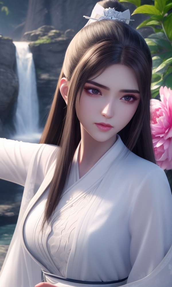 (,1girl, ,best quality, ),looking at viewer, <lora:384-DA-永生-方清雪:0.8> ,,ultra detailed background,ultra detailed background,ultra realistic 8k cg, , ,masterpiece, (( , )),,, ultra realistic 8k cg, ,tamari \(flawless\),     ,peony \(flower\),   waterfall,    (()), (),