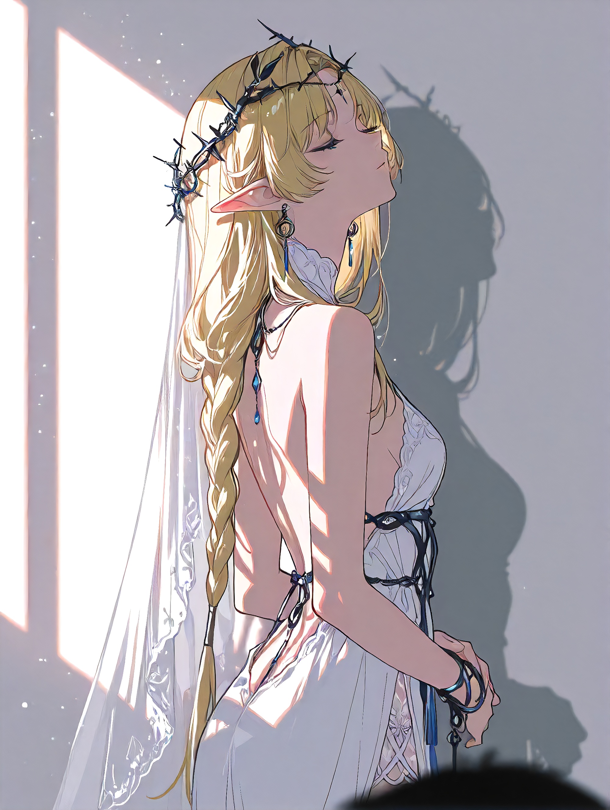 1girl, solo, long hair, bangs, blonde hair, dress, bare shoulders, jewelry, closed mouth, standing, closed eyes, cowboy shot, earrings, pointy ears, white dress, from side, elf, veil, light particles, circlet, backless dress, Cartethyia \(wuthering waves\), clothes: Cartethyia **** style clothes, small blue and white crown of thorns, Cartethyia white dress, black forehead mark, 1girl, blonde hair, pointy ears, long hair, blue eyes, braid, **** girl ,Light, shadow ,(Murata_Renge:0.8),(reoen1:1),(as109:0.7),(Saebe_Shun:0.7),(akipeko:0.7),(Toronto:0.8),(lineart:0.8),(fuzichoco:0.6),(Mika Pikazo:0.4),(Artist: sheya:0.5),(wlop:0.4),Illustration,Simple Flat Coloring,lightshadow,line art,shadow,masterpiece,best quality,good quality,very aesthetic,Skin texture 2.0,A shot with tension,impactful picture,offcial art,movie perspective,masterpiece,facing the lens,best quality,very aesthetic,extremely delicate and beautiful,huge filesize,amazing quality,Blurred foreground,solo_focus,simple_background,depth_of_field,sunlight,reflective,masterful details,intricate details,soothing tones,high contrast,natural skin texture,soft light,sharp,ultra-high resolution,32K UHD,,yswh,Shorekeeper,Delicate facial features