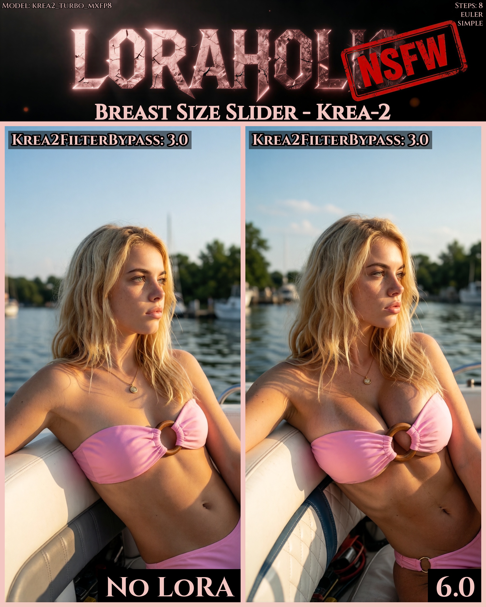 A young woman with long,  wavy blonde hair and a warm smile is reclined on the white leather seat of a motorboat. She wear...