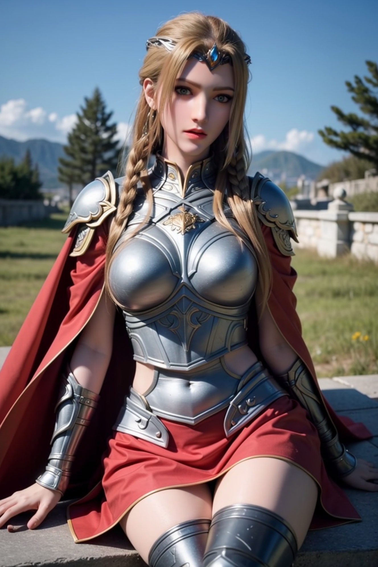 ultra realistic 8k cg,picture-perfect face,perfect face,beautiful face,masterpiece,fantasy,detailed background,realistic,perfect female body,curvy body,1girl,solo,cape,long hair,sky,full body,sitting,black stockings,<lora:tianshiyan ji_20231028224811:0.5>,armor,((red skirt)),outdoors,blond,thin legs,