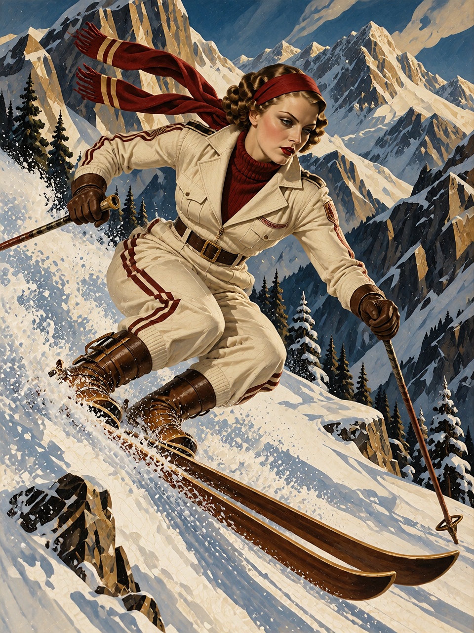 An athletic woman skiing down a steep alpine slope at high speed,  wearing a fitted 1930s white ski suit and a crimson sca...