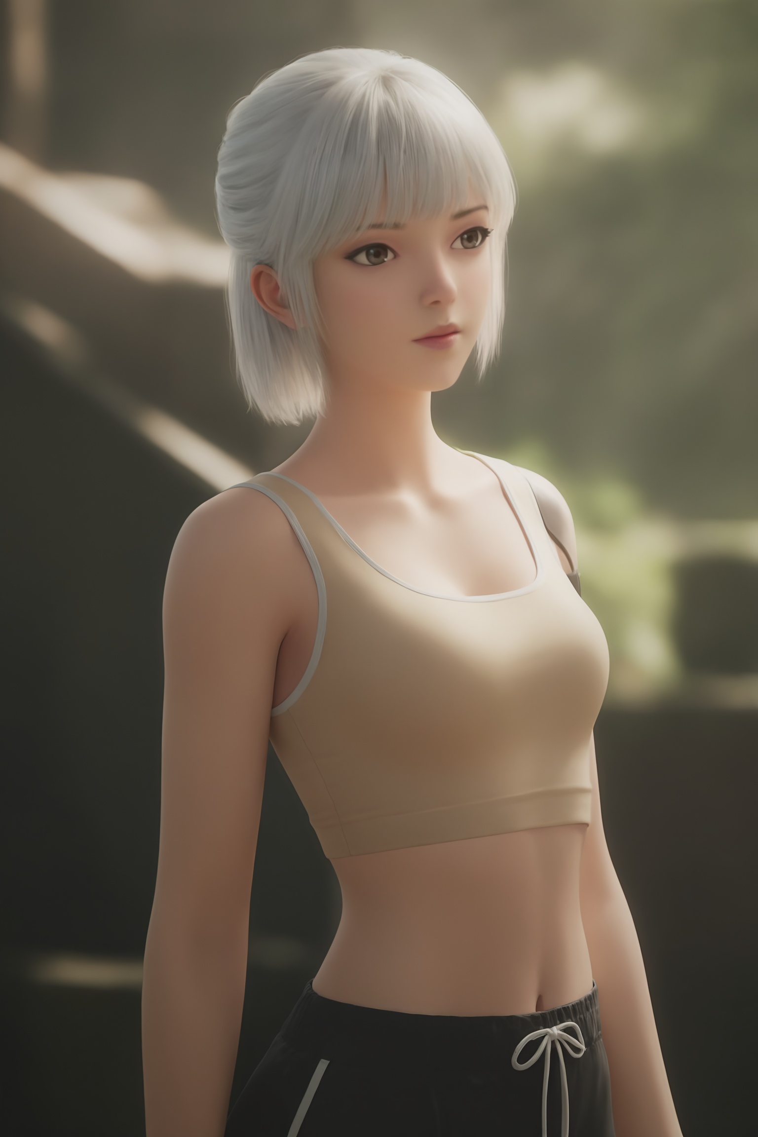 masterpiece,ultra-HD,cinematic lighting,photorealistic,impressionism (1.5),high detail,depth of field,(blurred background),(dramatic lighting),masterpiece,best quality,usnr,very aesthetic,8k,half close-up,sexy pose,((slim body)),(small breasts),Closeup on face,cock cumming in face,huge cum,cumshot,(((cum))),facial,cum facial, <lora:灵笼-白月魁运动装IL:0.7>,1girl,short,white hair,bangs,beige crop top,green,black bandage on her left upper arm,