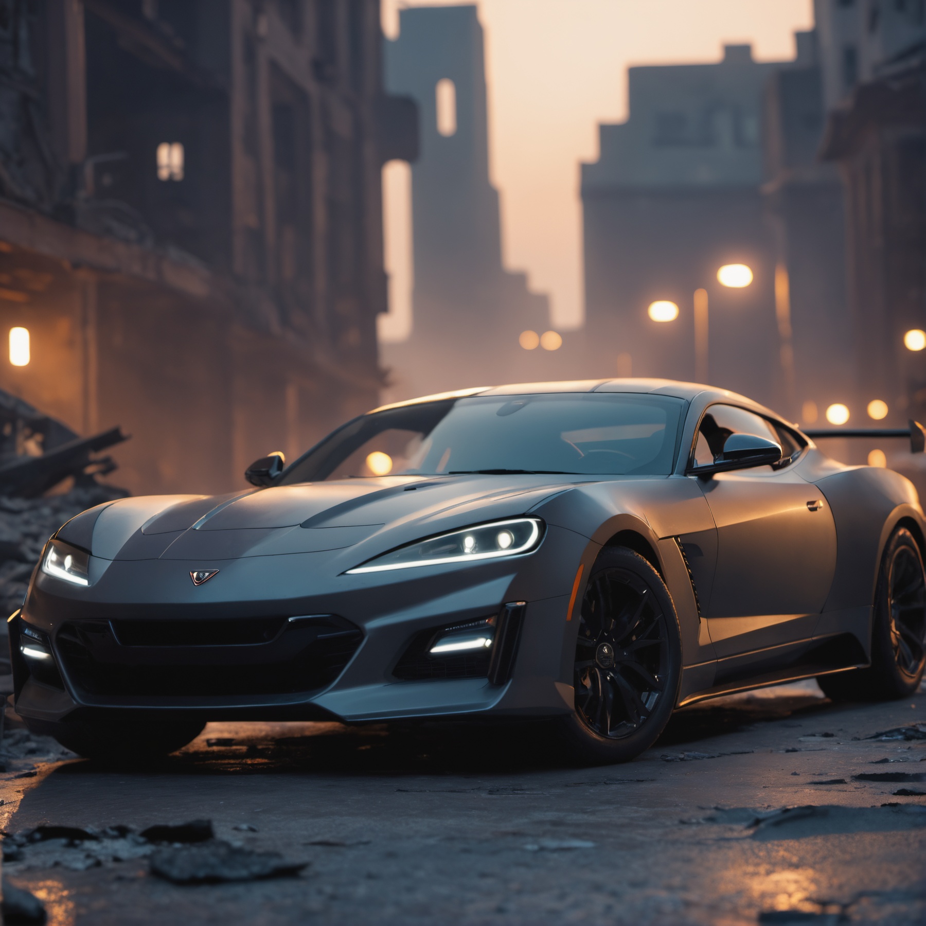 cinematic film still an futuristic cyberpunk,  dieselpunk sports car in a destroyed city after an nuclear blast . shallow...
