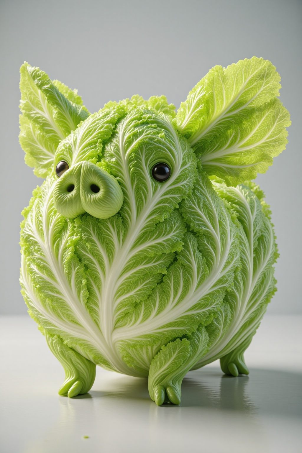pic,A pig whose body is composed of crisp, vibrant green lettuce leaves.