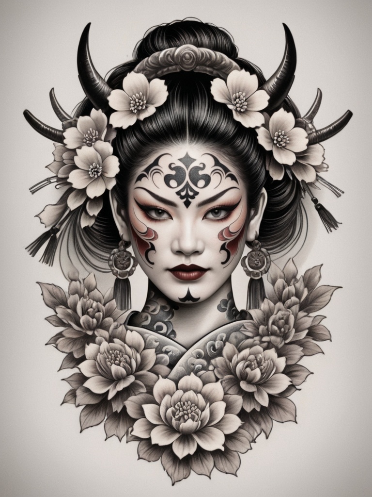 tattoo,  tattoo style,  depiction of a woman with intricate details. She has a traditional Japanese hairstyle adorned with...