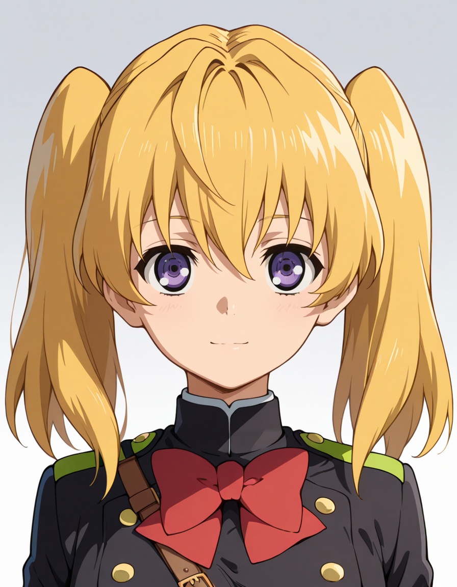 masterpiece, best quality, amazing quality, gradient background,1girl, looking at viewer, solo, upper body, portrait, straight-on, (face close-up:1.3), light smile,mitsuba sanguu (owari no seraph), long hair, blonde hair, twintails, hair between eyes, purple eyes,military uniform, brown belt, double-breasted, red bowtie,<lora:mitsuba_sanguu-owari_no_seraph_s2-ixl-anime-soralz:1>