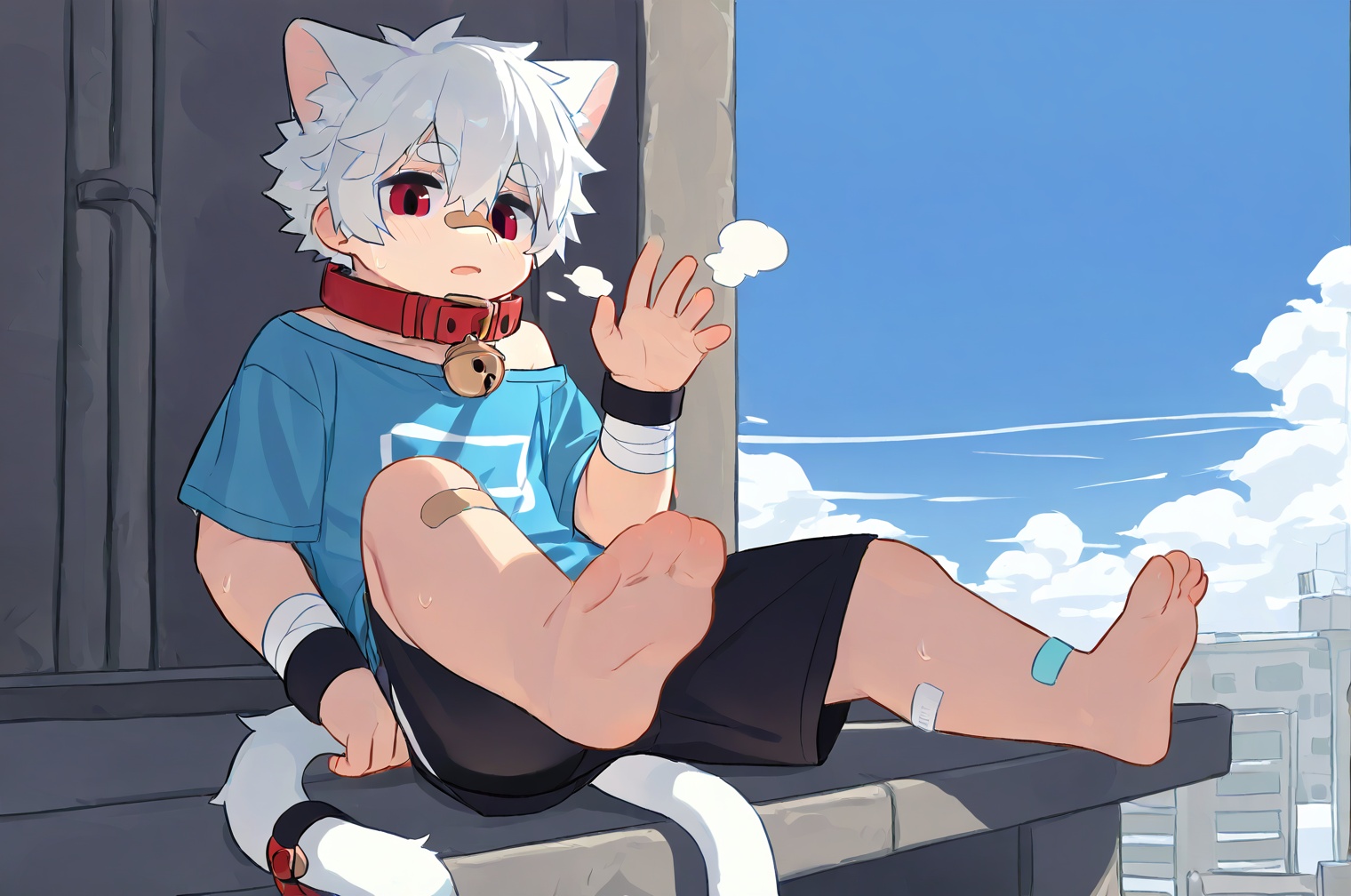 Right mid length drooping frontal hair,(Asymmetric hair on the temples:1.2),Expose left shoulder,wristband,thick eyebrows,barcode tattoo,heavy_breathing,<lora:电影工坊V3.0:0.5>,AKIRA,cat boy,1boy,solo,male_focus,(white_hair:0.8),red eyes,[bell on collar,Collar,Cortical collar,Large collar],(blue t-shirt,black_leggings under shorts,black bike_shorts),(barefoot) BREAK dutch angle,vanishing point,sitting on rooftop,(blue sky,cloud,wind),(masterpiece, best quality:1.1),foot focus,bandage on nose,bandage on leg,Tail decoration,cat tail,