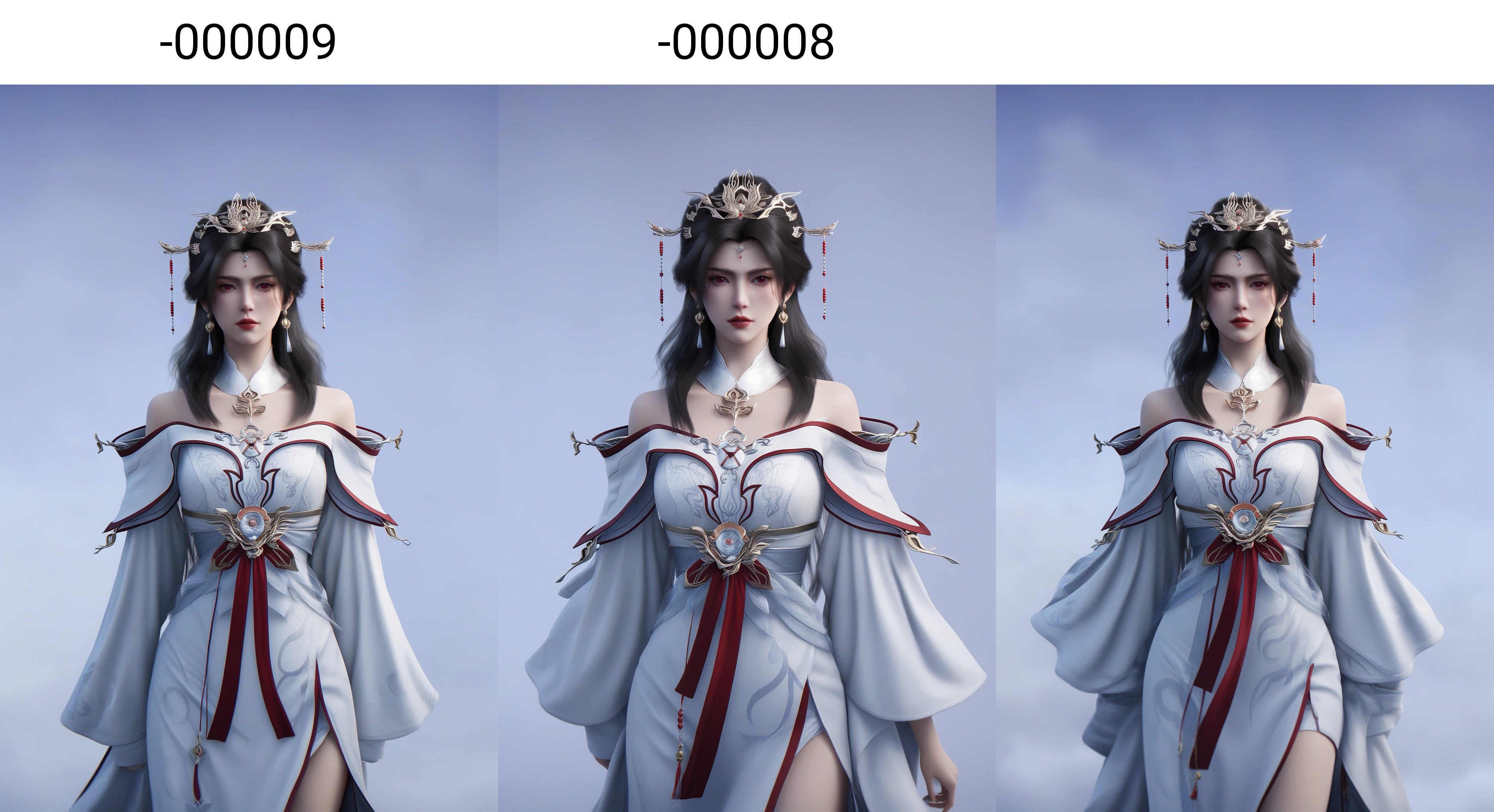 (score_9),(mature_female),collarbone,<lora:姚惜雪-Apony-000009:0.85>,long hair,black hair,hair ornament,hair beads,jewelry,forehead jewel,tassel earrings,light makeup,tiara,red eyes,mole under eye,detached collar,golden necklace,off-shoulder dress,narrow waist,waist_belt,waist_sash,bare legs,pelvic curtain,BREAKsolo focus,looking at viewer,front view,cowboy shot,standing,(arms behind back),(white_skin),BREAKsimple background,white background,