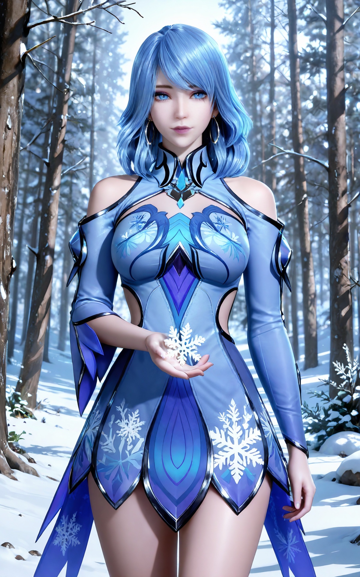 masterpiece,high quality,tall,game cg,highres,(soft light:1.2),white_skin,(shiny_skin:0.6),(realistic:1.1),<lora:水冰儿ILL:0.8>,shuibinger,blue hair,blue eyes,longeyelashes,makeup,medium hair,looking at viewer,long sleeves,nature,flowers,day,1girl,solo,dress,large breasts,earrings,jewelry,long hair,looking at viewer,hoop earrings,(collared_dress:1.1),bare shoulders,frills,short dress,print_dress,blue dress,winter,sonw,snow,ice,snowflakes,snowfakes floating on the hand,
