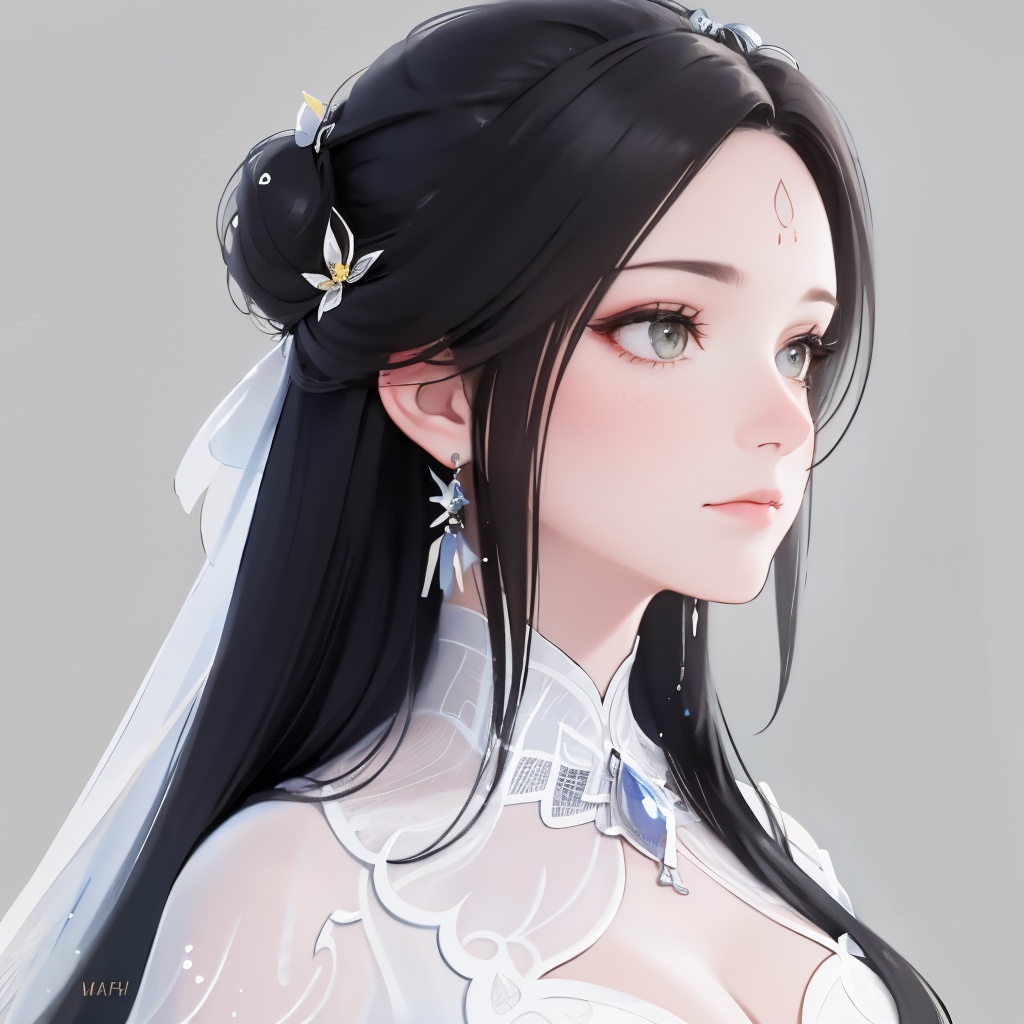 1girl,portrait,simple background,black hair,hair ornament,dress,jewelry,closed mouth,earrings,grey background,white dress,looking to the side,single hair bun,forehead mark,realistic,catfish bangs,hair down to chest,very long hair,<lora:lbc_luxueqi_240331_v1.1-000009:0.9>,