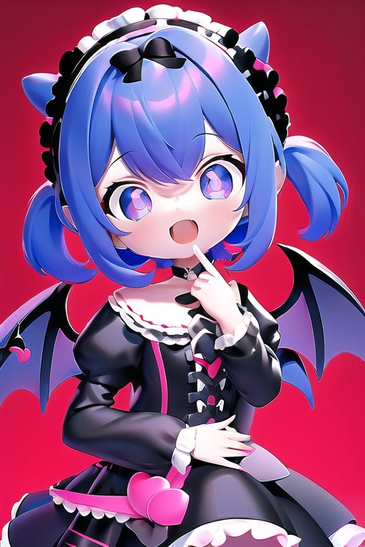 CH,high contrast,1Girl,solo,looking at the audience,blue blue smile,short hair,open mouth,bangs,black hair accessories,long sleeves,black and red Gothic Lolita,bow,holding,jewelry,headband,food,demon wings,demon tail,Lolita fashion,Gothic Lolita,Lolita headband,macaron,purple background,