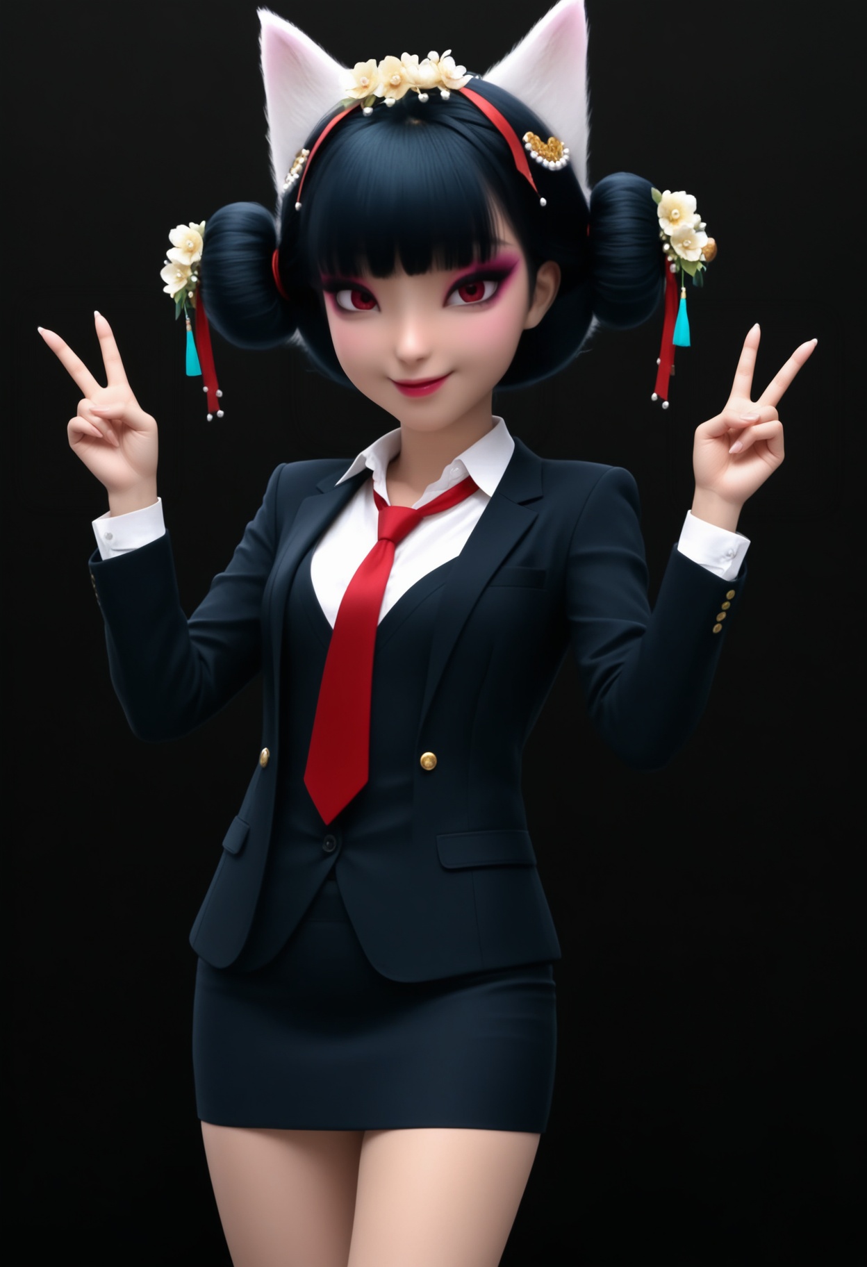 (score_9),masterpiece,best quality,absurdres,highres,(white_skin),light_skin,BREAK<lora:宝青坊-ill:0.83>,1girl,solo,hair ornament,hair flower,hair bun,tassel hair ornament,bangs,makeup,black hair,fox ears,red eyes,bare legs,narrow waist,suit,dress_shirt,blazer,skirt,skirt_suit,necktie,looking at viewer,front view,face focus,light blush,smile,(double v),standing,BREAKsimple background,black background,