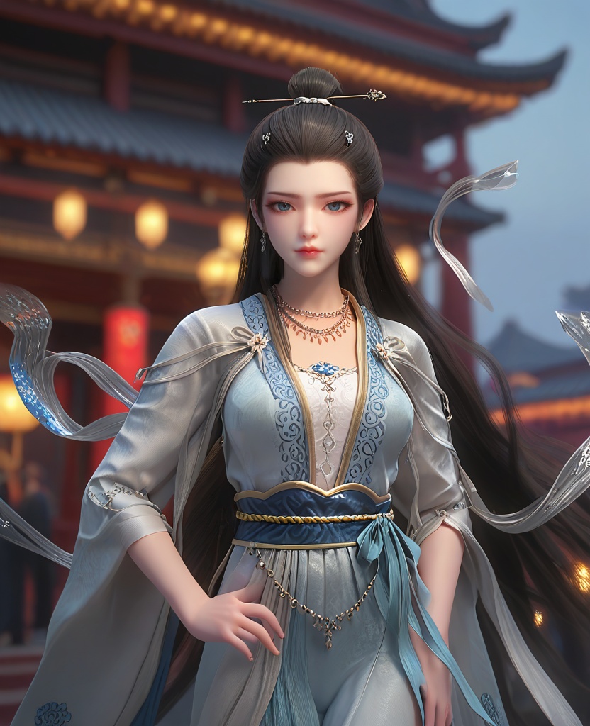 (oriental architecture, elegant decor, sophisticated style:1.1),(Standing with one hand on the hip, looking confident:1.1),(breasts:1.2),<lora:XL16长生界九州神女兰若:0.95>,miss lanruo,white dress,blue eyes,black hair,very long hair,hair bun,necklace,hanging hair,hair ornament,silk shawl,white bra,sash,blue dress hem,, score_9,score_8_up,score_7_up,score_6_up,score_5_up,score_4_up,3d rendering,tag1,tag2, Cinematic Lighting,backlighting,