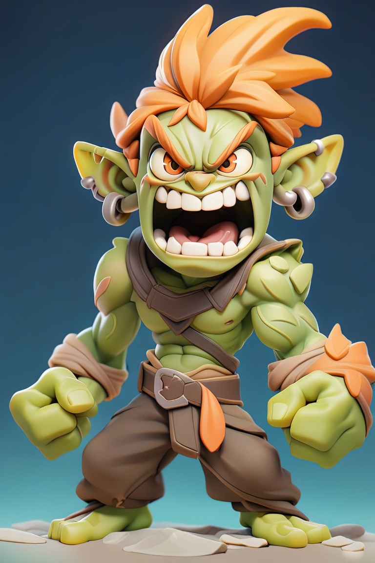 A mischievous green goblin with fiery orange eyes stands in a menacing pose, clad in worn-out armor, brandishing a weapon., solo, 1boy, male focus, teeth, goblin, jewelry, earrings, standing, green skin, yellow sclera, belt, colored skin, colored sclera, pointy ears, full body, clenched hands, piercing, looking at viewer, tusks, open mouth, weapon, smile, blue background, gradient, gradient background, (masterpiece,best quality:1.2)